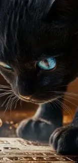 Close-up of a black cat with striking blue eyes.