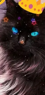 Black cat with blue eyes and a crown on a dreamy background wallpaper.