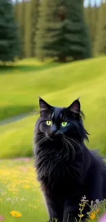 Majestic black cat sits in colorful meadow with green backdrop.