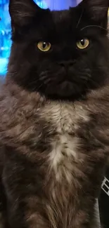 Black cat with yellow eyes, fluffy fur and majestic expression.