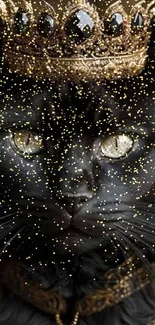 Majestic black cat with a gold jeweled crown, exuding elegance and regality.