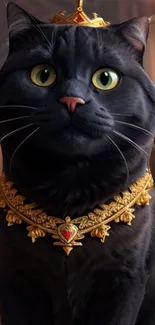 Majestic black cat with crown and necklace on mobile wallpaper.