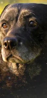 Majestic black dog in nature portrait with warm lighting.