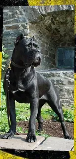 Black dog standing against a rustic stone wall.