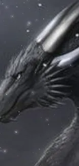 Majestic black dragon with silver horns and dark scales.