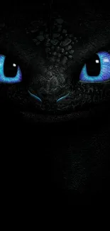 Black dragon with glowing blue eyes on dark background.