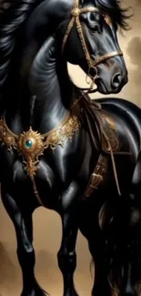 Majestic black horse with golden accessories art.