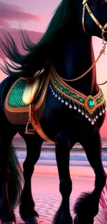 Majestic black horse on a beach at sunset.