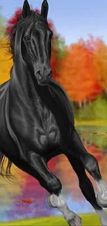 Majestic black horse running in vibrant autumn landscape.