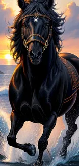 Majestic black horse galloping through ocean waves at sunset.