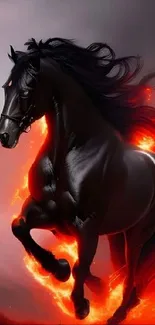 Majestic black horse with fiery red mane in a dramatic fantasy setting.