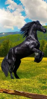 Black horse in lush green meadow under blue sky.