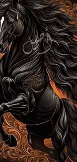 Majestic black horse with flowing mane on a decorative brown background.