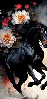 Majestic black horse in dynamic pose with beautiful floral backdrop.