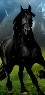 Majestic black horse running in nature.