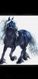 Mystical black horse with blue spots design.