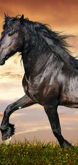 Beautiful black horse running in a sunset field.