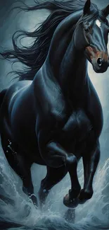 Majestic black horse charging through water with flowing mane.