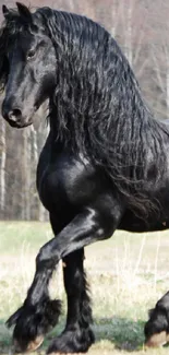 Majestic black Friesian horse in a natural, serene setting.