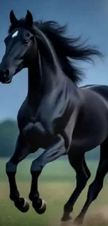 Majestic black horse galloping under a full moon.