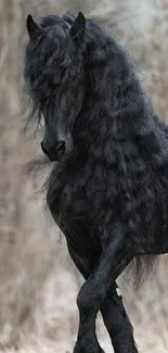 Majestic black horse in forest wallpaper.