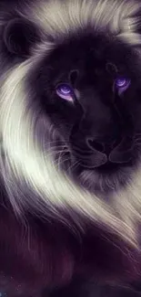 Illustration of a black lion with violet eyes on a dark background.