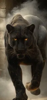 Black panther walking through mist in dramatic artwork.