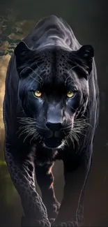 Majestic black panther in a mystical forest setting mobile wallpaper.