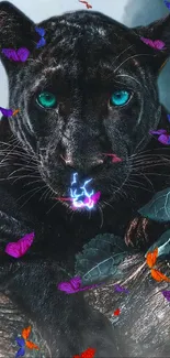 Black panther with vibrant eyes on a tree log.