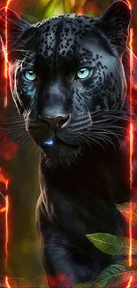 Black panther with green eyes in jungle setting.