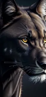 Black panther with golden eyes on a dark background.