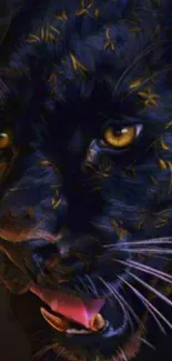 Majestic black panther with intense stare and dark fur in a captivating artwork.