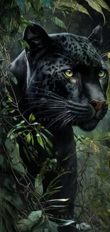 Black panther in jungle setting, elegant and majestic.