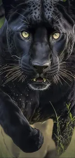 Dynamic black panther prowling through lush greenery.