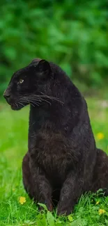 Black panther sitting in green grass with yellow flowers.