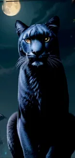 Majestic black panther under moonlight in a jungle setting.