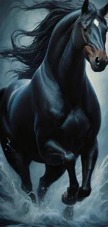 Majestic black stallion running through water with flowing mane.