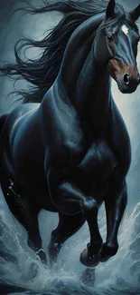 Majestic black stallion running through water with flowing mane and tail.