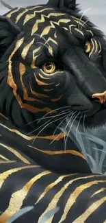 Majestic black tiger with gold stripes in artistic design wallpaper.