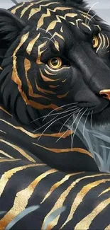 Majestic black tiger with gold stripes in grass.