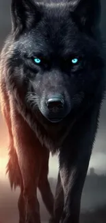 Black wolf with blue eyes in a mystical forest setting for mobile wallpaper.