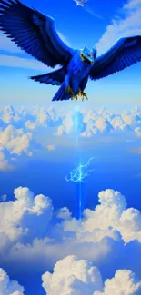 Majestic blue bird soaring above clouds with electric energy.