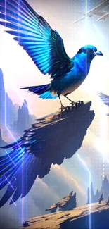 Vibrant blue birds soaring over jagged cliffs in a serene landscape.