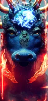 Majestic blue bull with flames in fantasy art style.