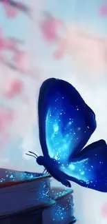 Blue butterfly on books with dreamy pink background.