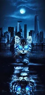 Blue-eyed cat in cityscape with moonlit reflection wallpaper.