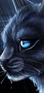 Digital art of a blue-eyed cat in rain, perfect for wallpaper.