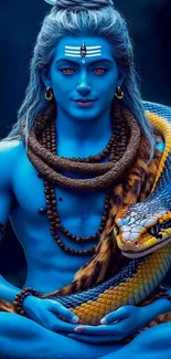 A majestic blue deity with mystical elements and a serene expression.