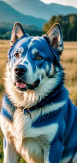 A majestic blue dog sits in a meadow with mountains in the background.