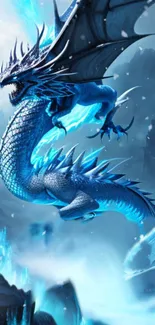 Majestic blue dragon flying over a mystical icy landscape.